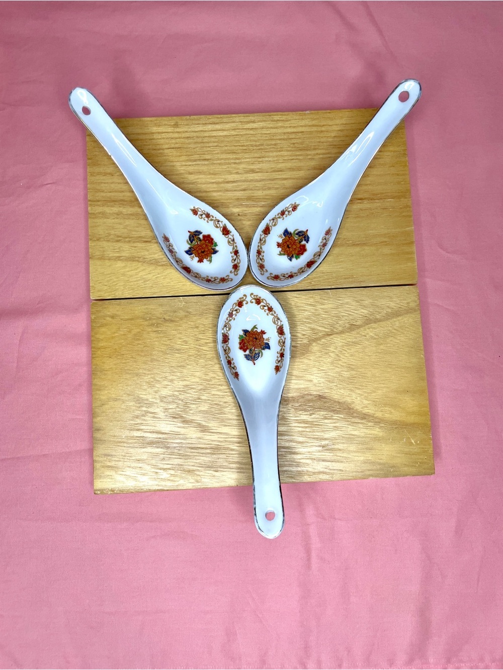 Vintage Floral Porcelain Soup Spoons - Set of 3, White with Floral Decal